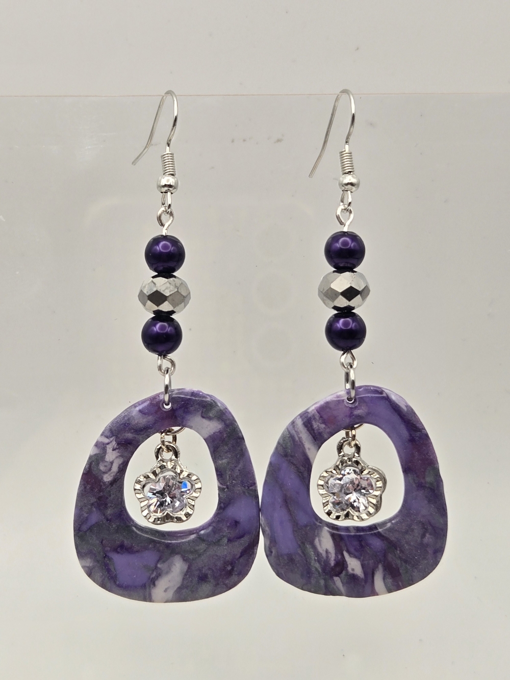 #B313- Purple Marbled Drop Earrings with Crystal Flower Charm